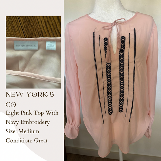 New York & Co Light Pink Top With Navy Embroidery