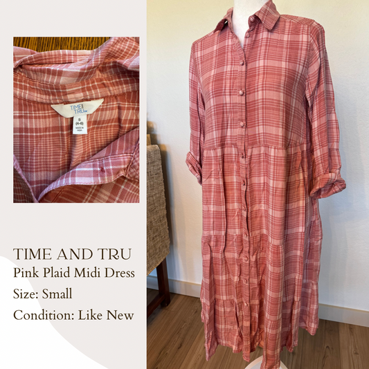 Time and Tru Pink Plaid Midi Dress