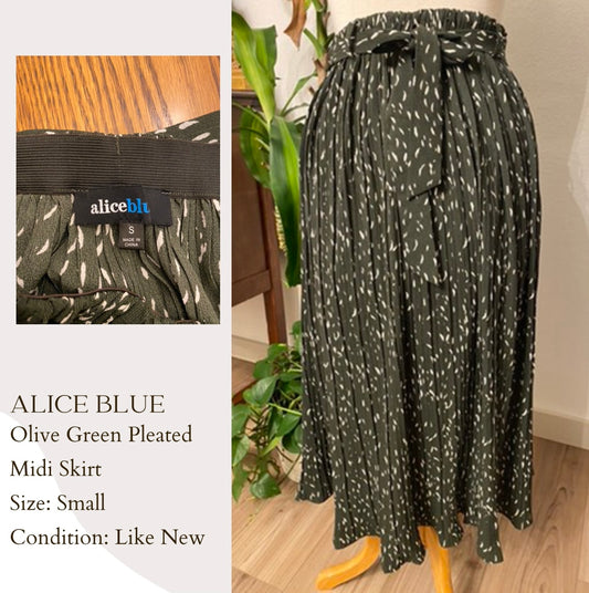 Alice Blue Olive Green Pleated MIDI Skirt