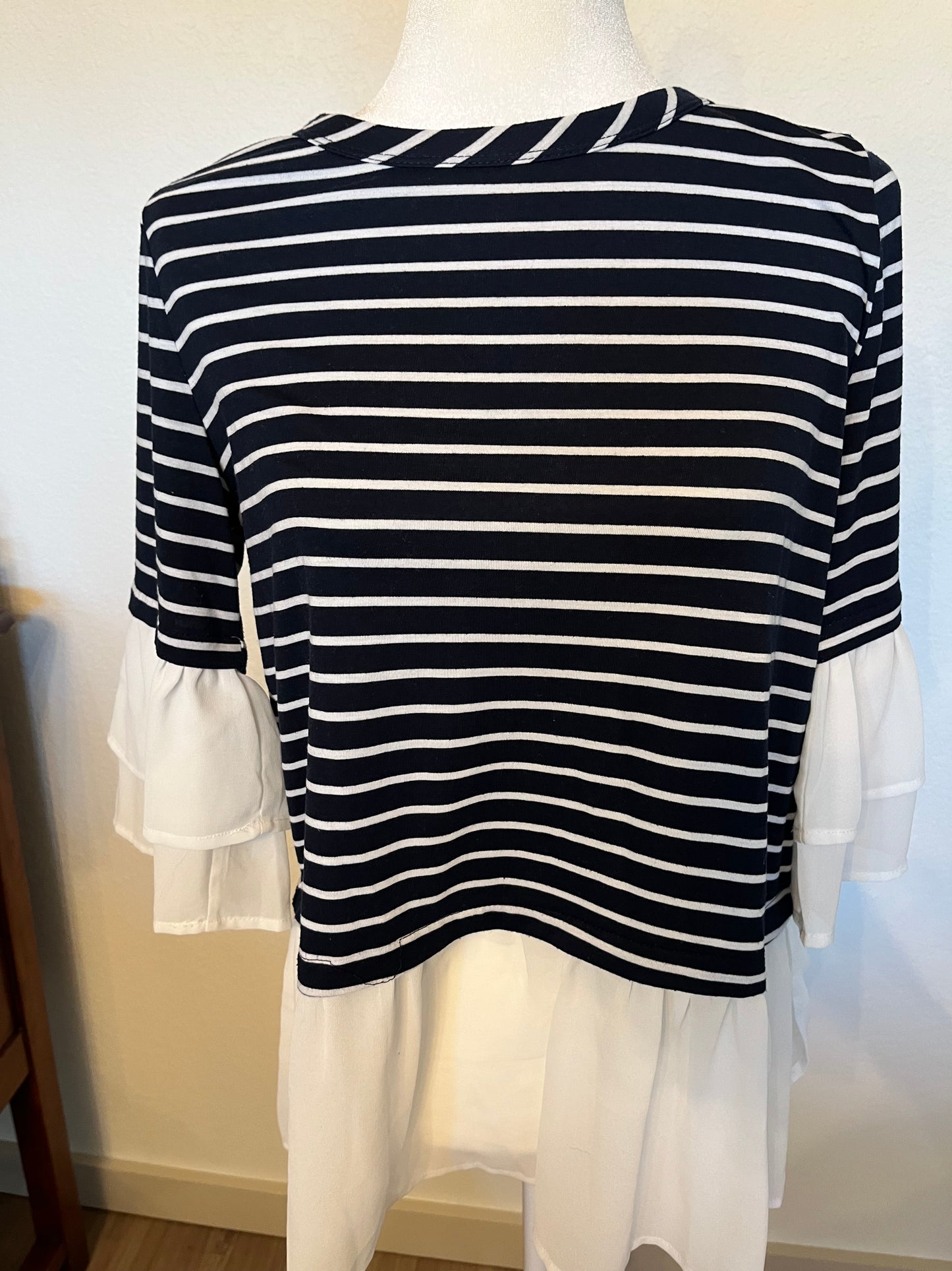 Jodifl Navy and White Stripe Top With Ruffle Accent