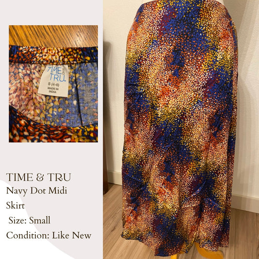 Time & Tru Navy Dot Midi Skirt