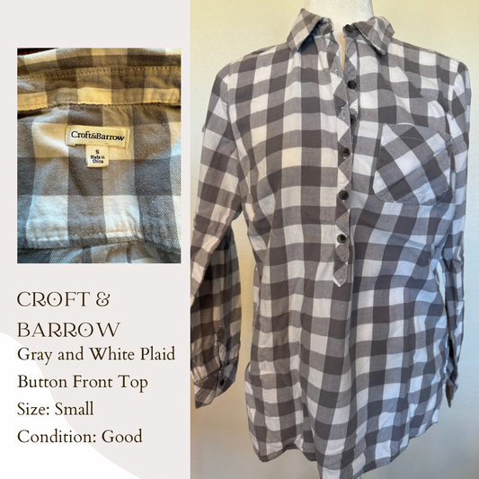 Croft & Barrow Gray and White Plaid Button Front Top
