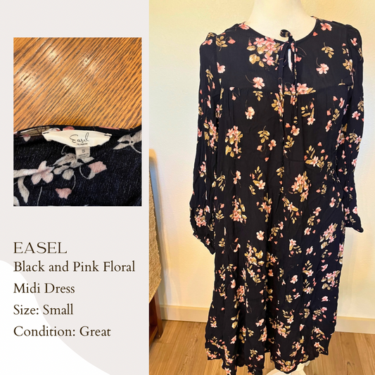 Easel Black and Pink Floral Midi Dress