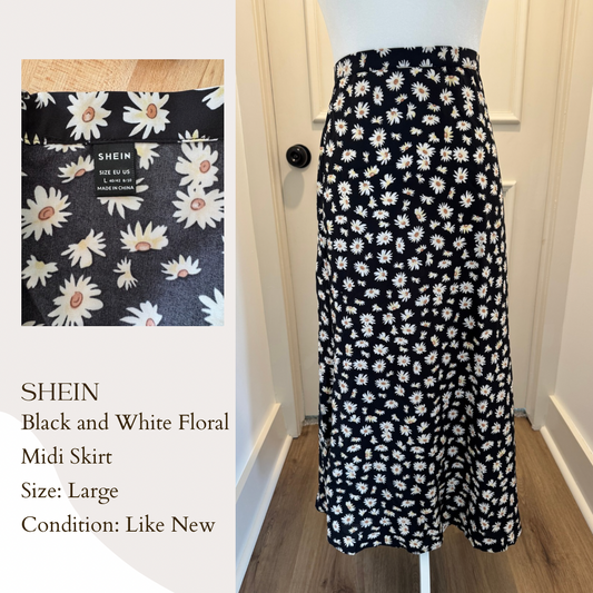 Shein Black and White Floral Midi Skirt