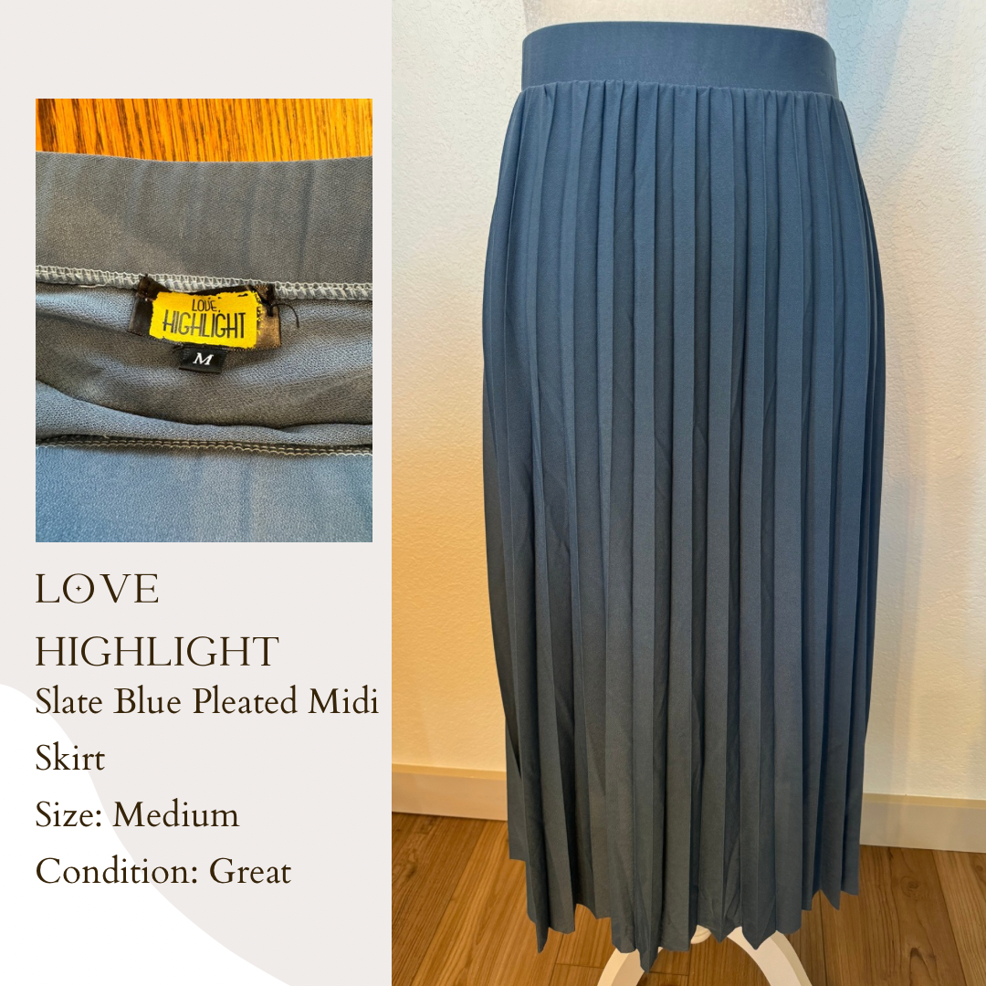 Love Highlight Slate Blue Pleated Midi Skirt