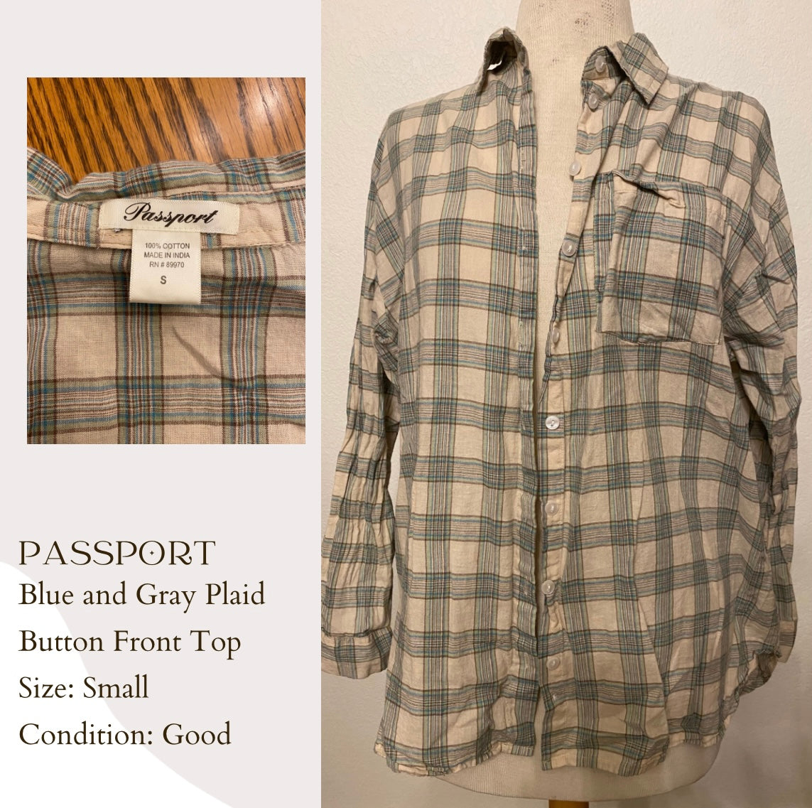 Passport Blue and Gray Plaid Button Front Top