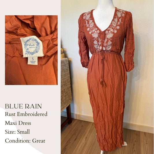 Blue Rain Rust Embroidered Maxi Dress