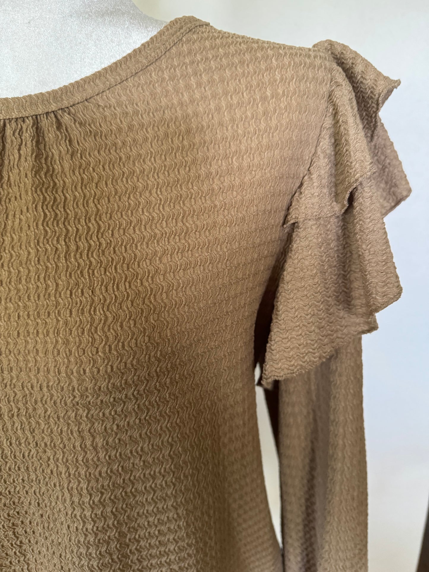 Shein Tan Waffle Knit Top With Ruffle Sleeves