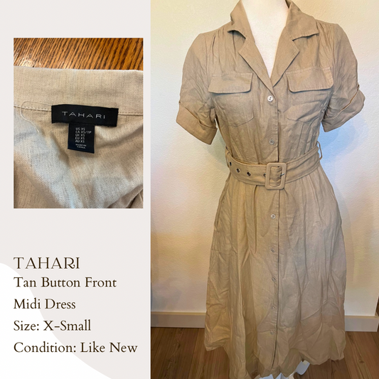 Tahari Tan Button Front Midi Dress