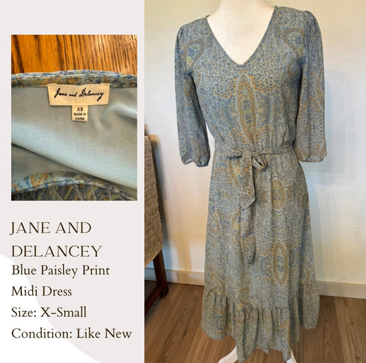 Jane and Delancey Blue Paisley Print Midi Dress