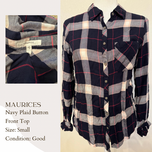 Maurices Navy Plaid Button Front Top