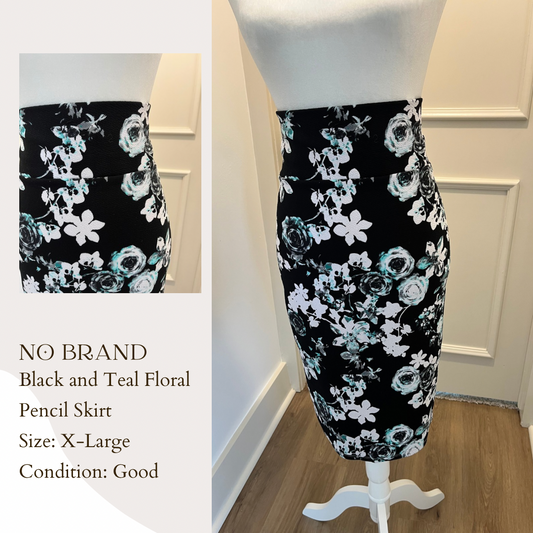 No Brand Black and Teal Floral Pencil Skirt