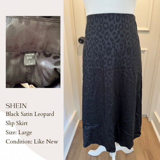 Shein Black Satin Leopard Slip Skirt