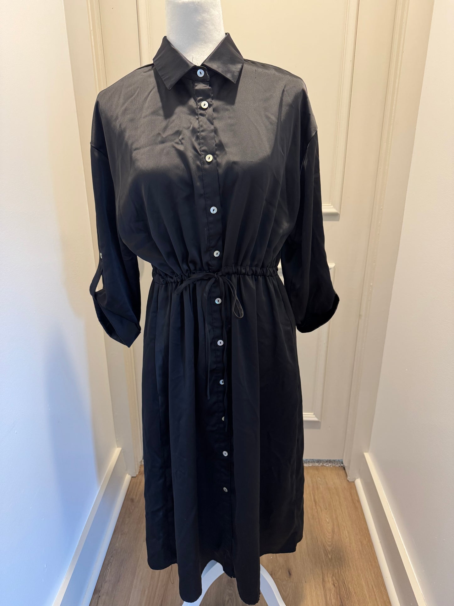 Roly Poly Black Satin Button Front Dress