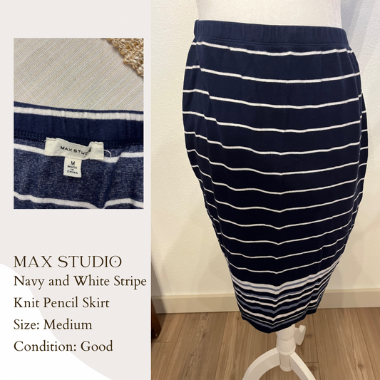 Max Studio Navy and White Stripe Knit Pencil Skirt