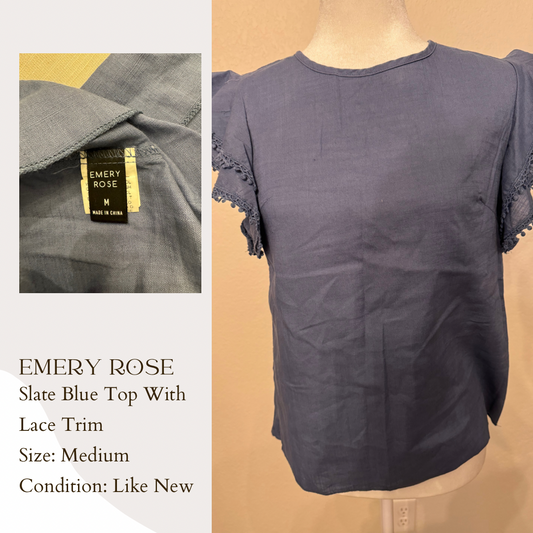 Emery Rose Slate Blue Top With Lace Trim