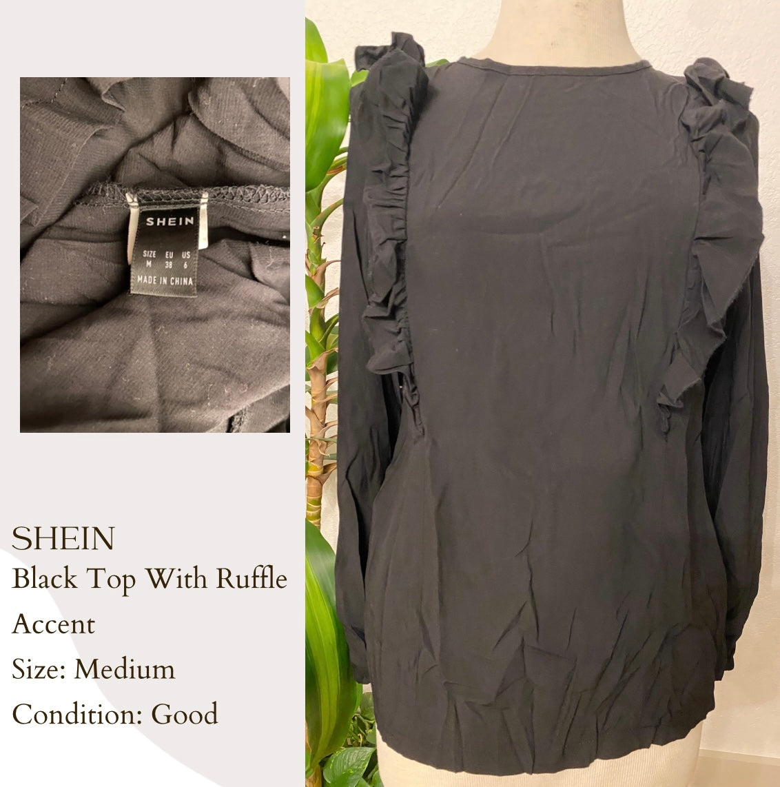 Shein Black Top With Ruffle Accent