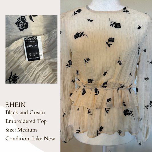 Shein Black and Cream Embroidered Top