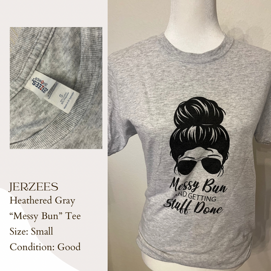 Jerzees Heathered Gray “Messy Bun” Tee