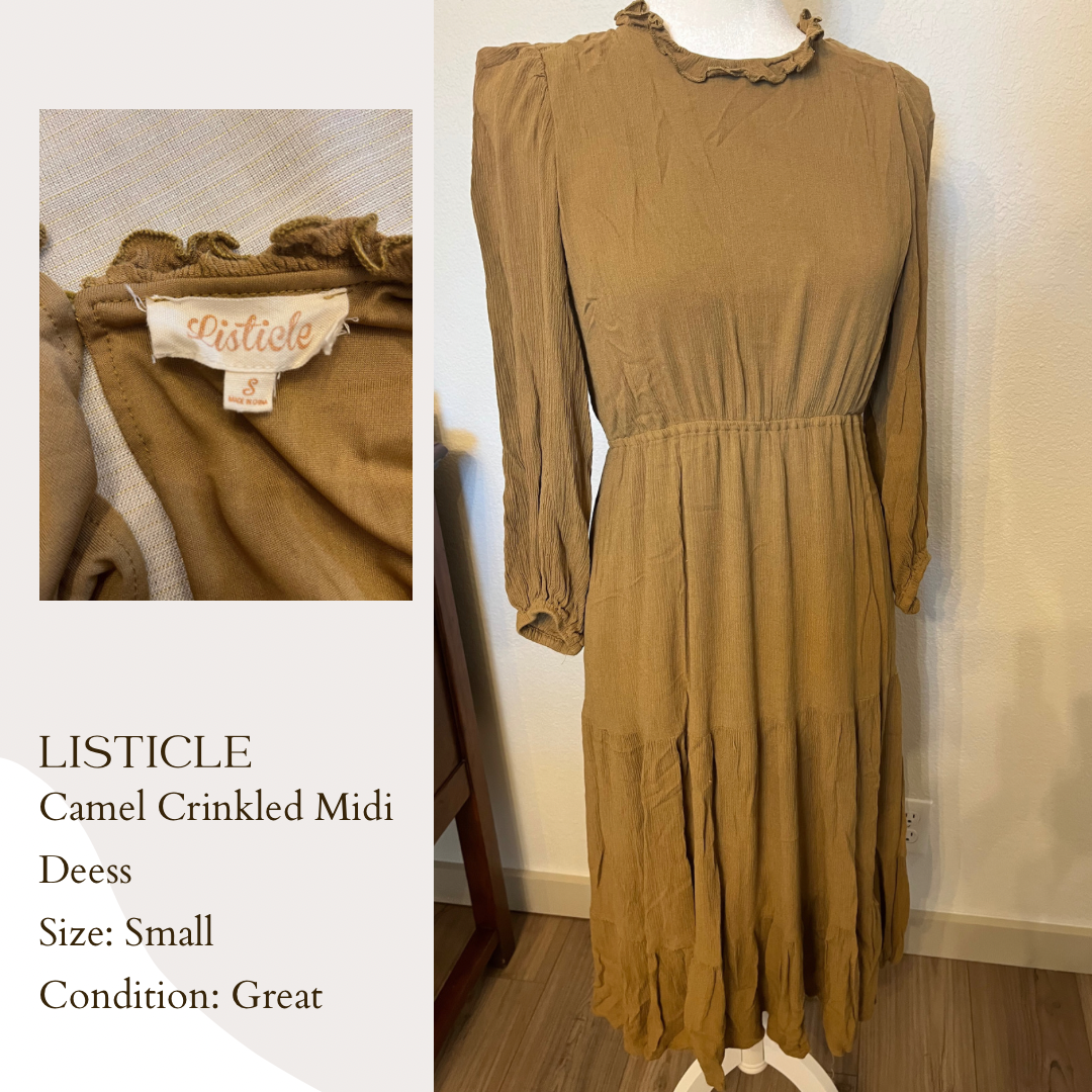 Listicle Camel Crinkled Midi Dress