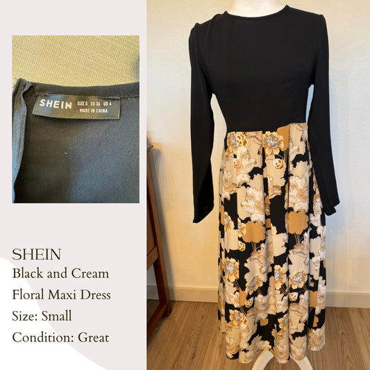 Shein Black and Cream Floral Maxi Dress