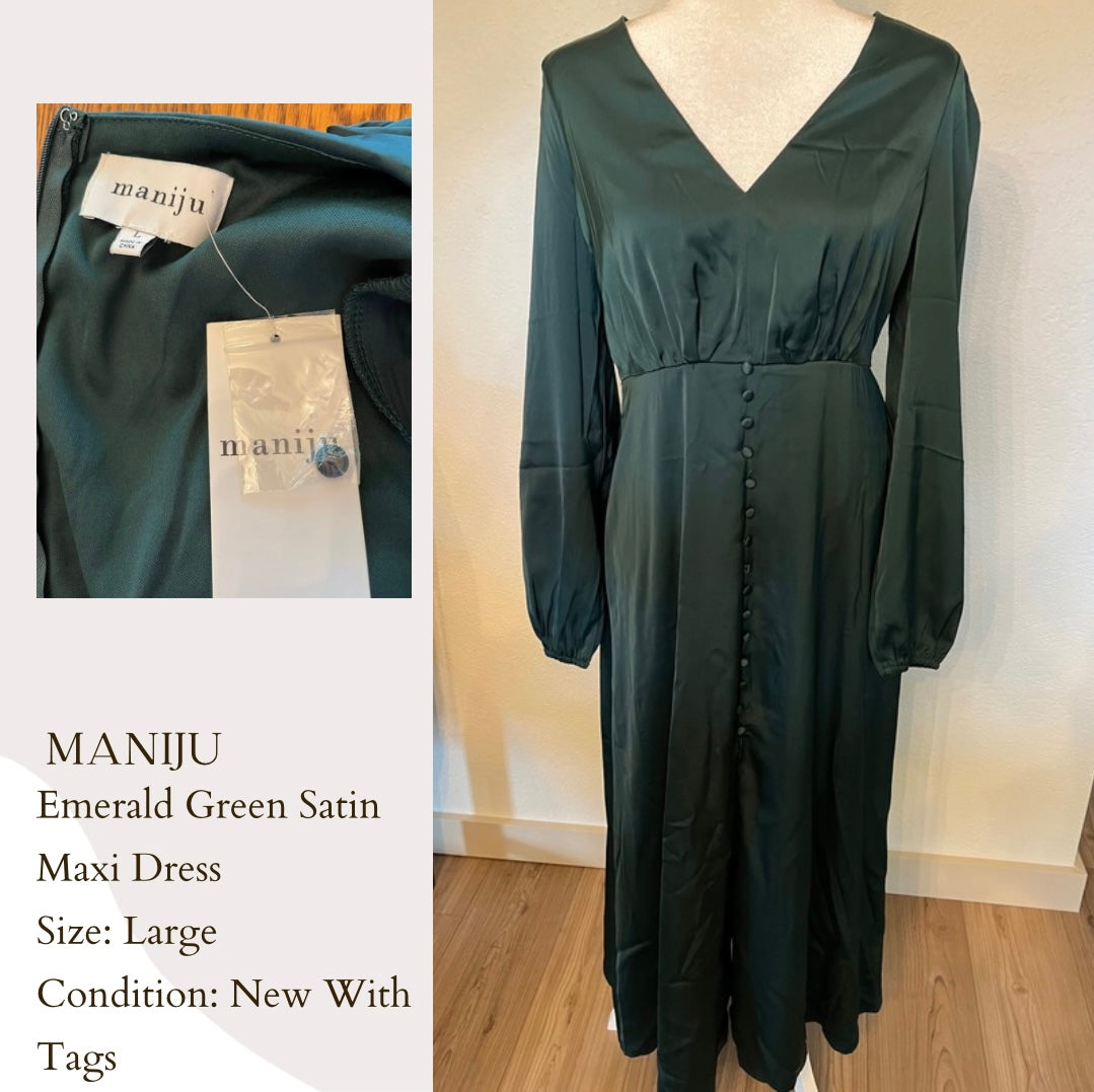 Maniju Emerald Green Satin Maxi Dress