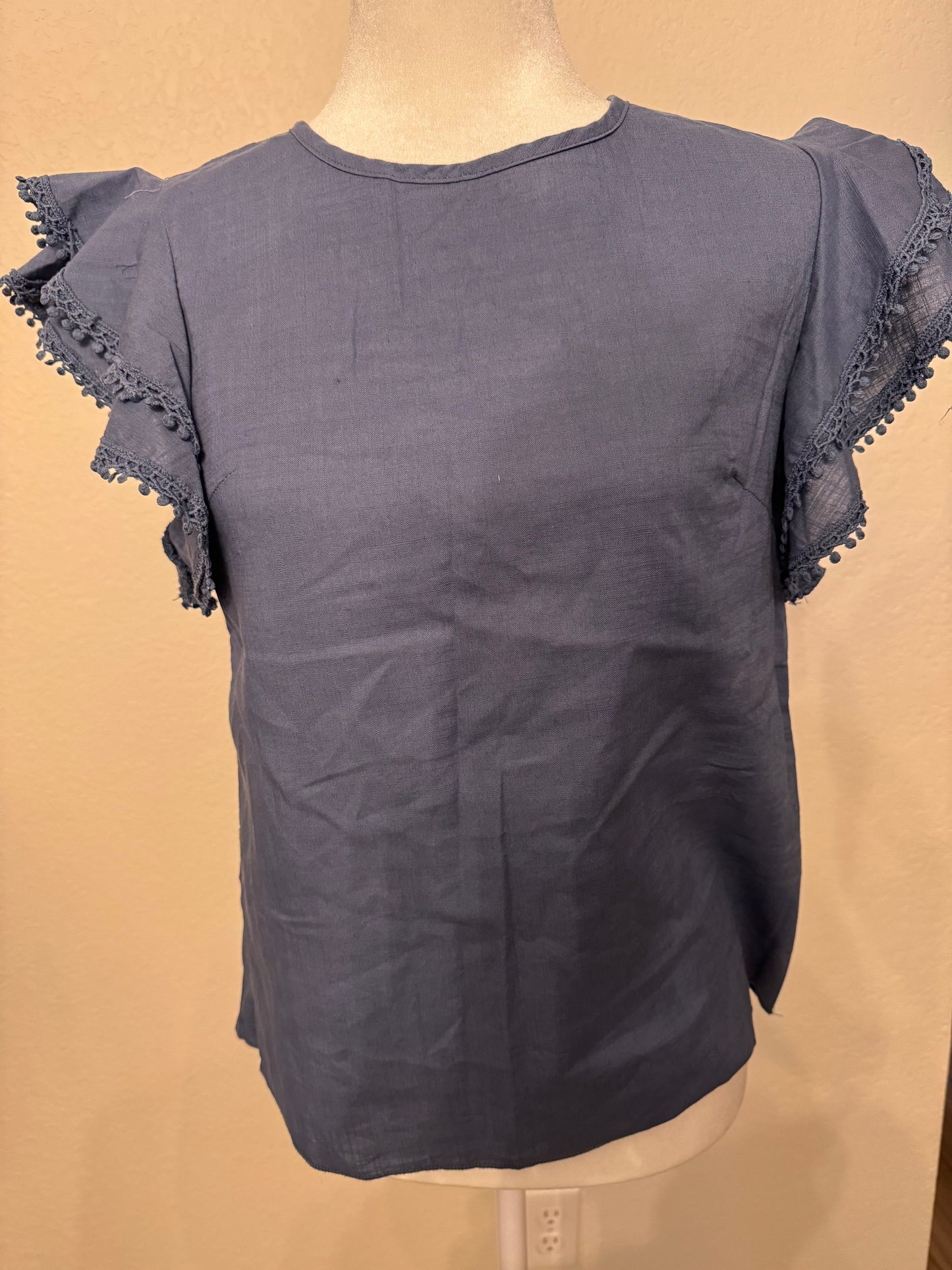 Emery Rose Slate Blue Top With Lace Trim