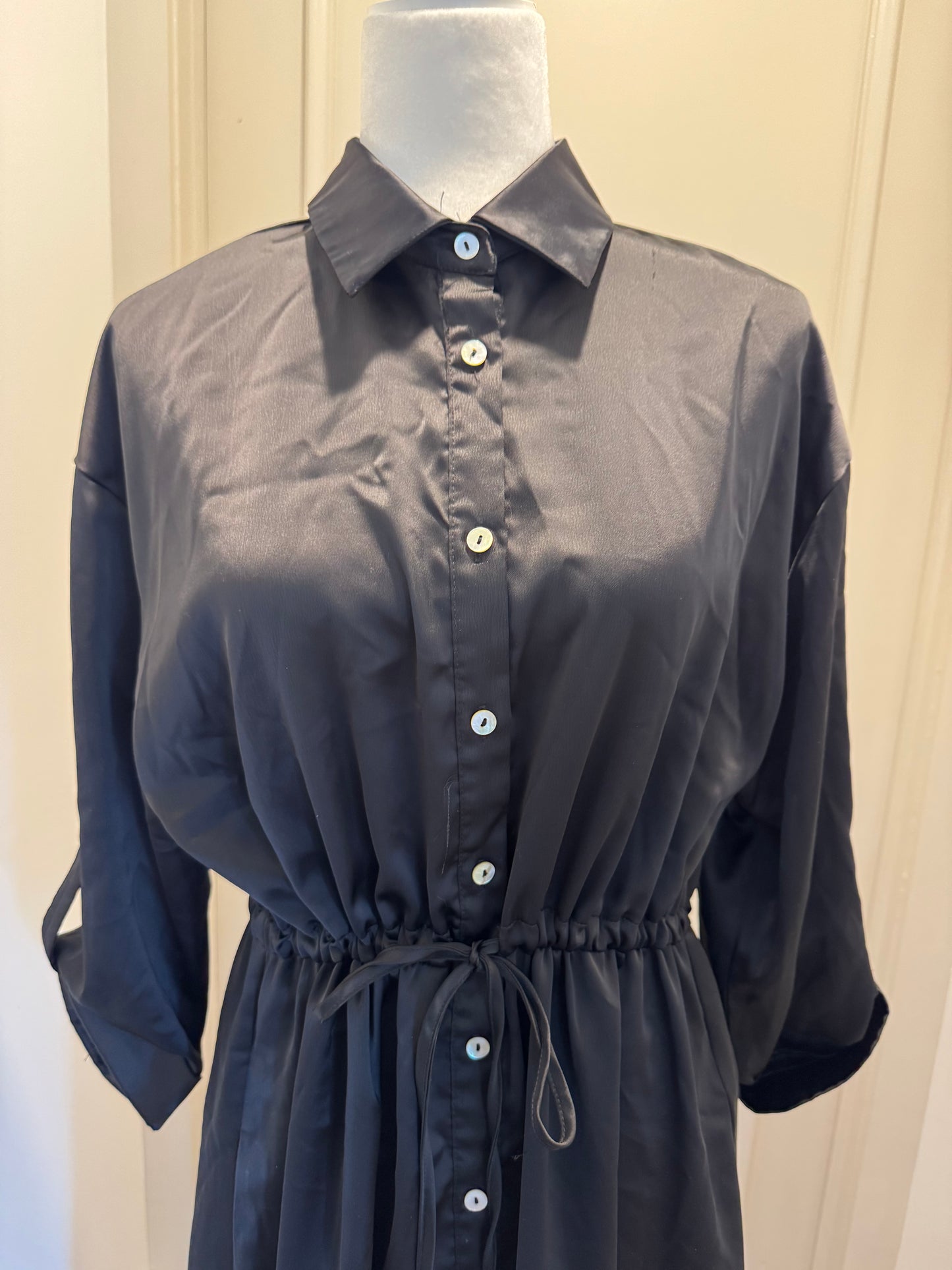 Roly Poly Black Satin Button Front Dress