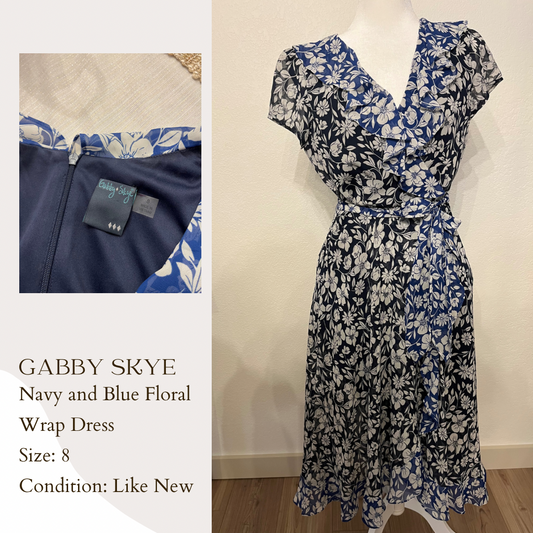 Gabby Skye Navy and Blue Floral Wrap Dress