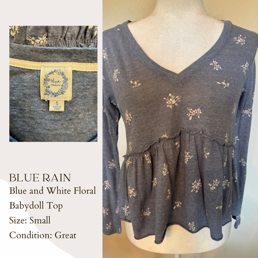 Blue Rain Blue and White Floral Babydoll Top