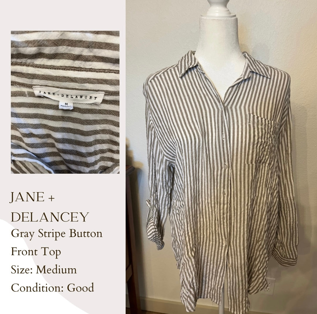 Jane + Delancey Gray Stripe Button Front Top