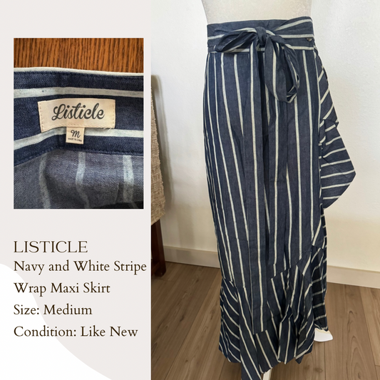 Listicle Navy and White Stripe Wrap Maxi Skirt