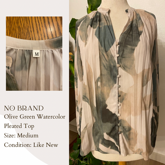 No Brand Olive Green Watercolor Pleated Top