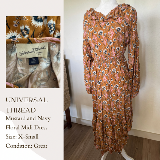 Universal Thread Mustard and Navy Floral Midi Dress