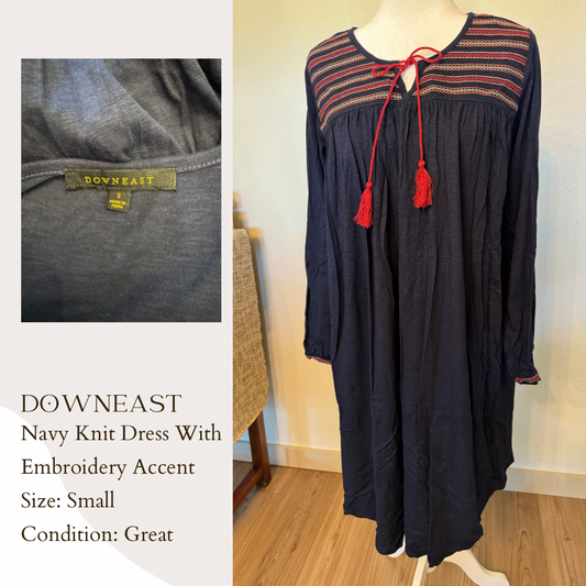 Downeast Navy Knit Dress With Embroidery Accent