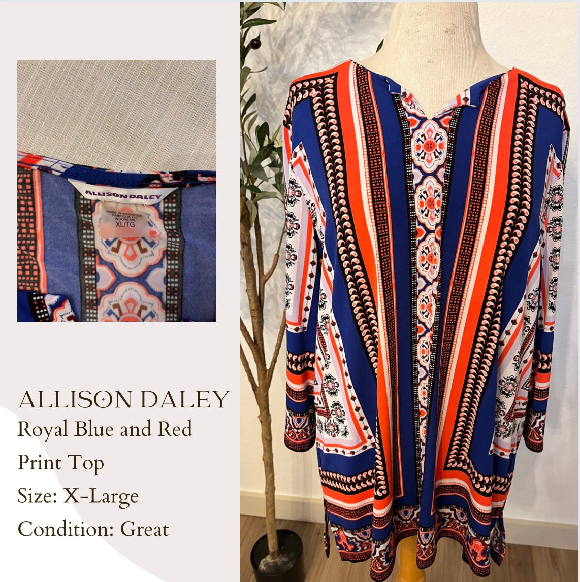 Allison Daley Royal Blue and Red Print Top