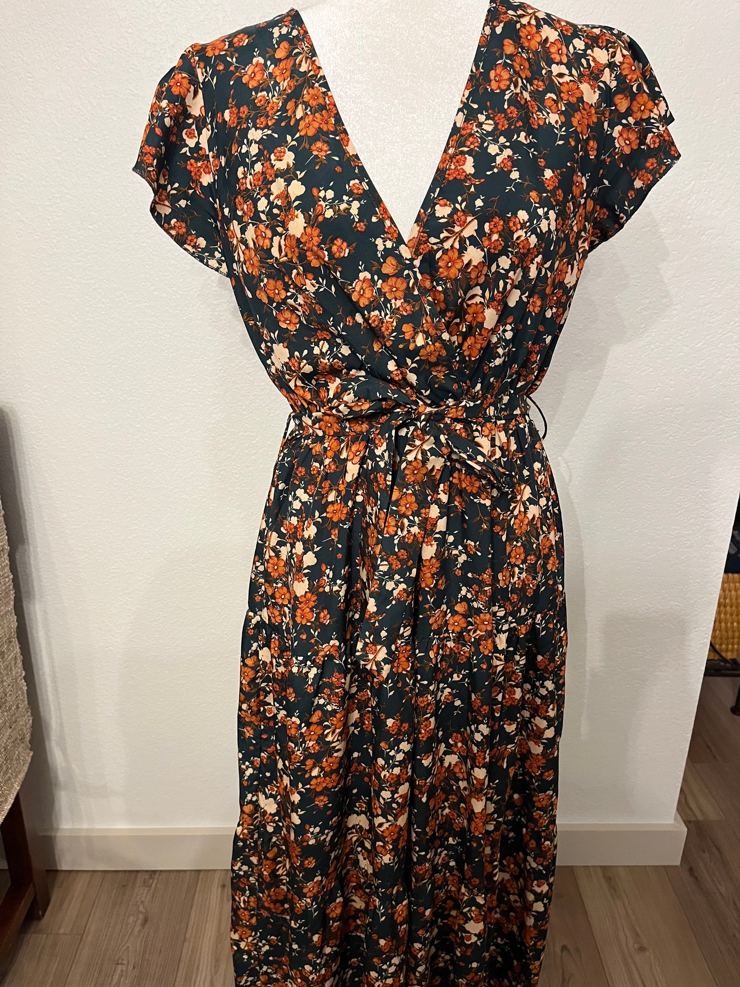 Shein Hunter Green and Orange Floral Maxi Dress