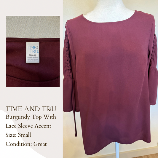 Time and Tru Burgundy Top With Lace Sleeve Accent