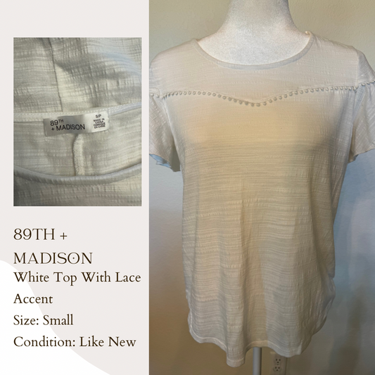89th + Madison White Top With Lace Accent