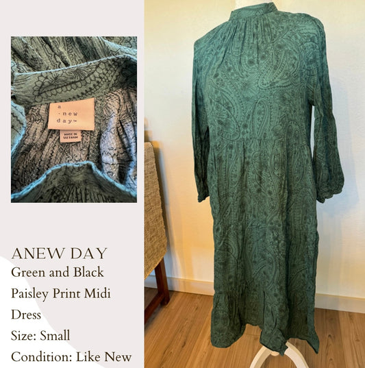 A New Day Green and Black Paisley Print Midi Dress