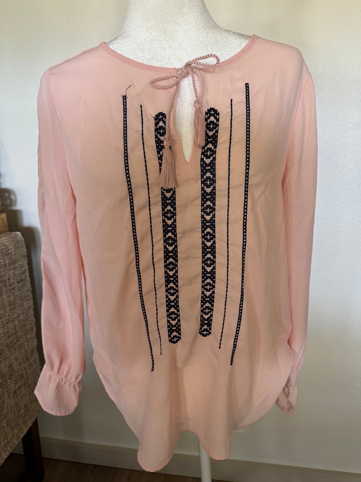 New York & Co Light Pink Top With Navy Embroidery