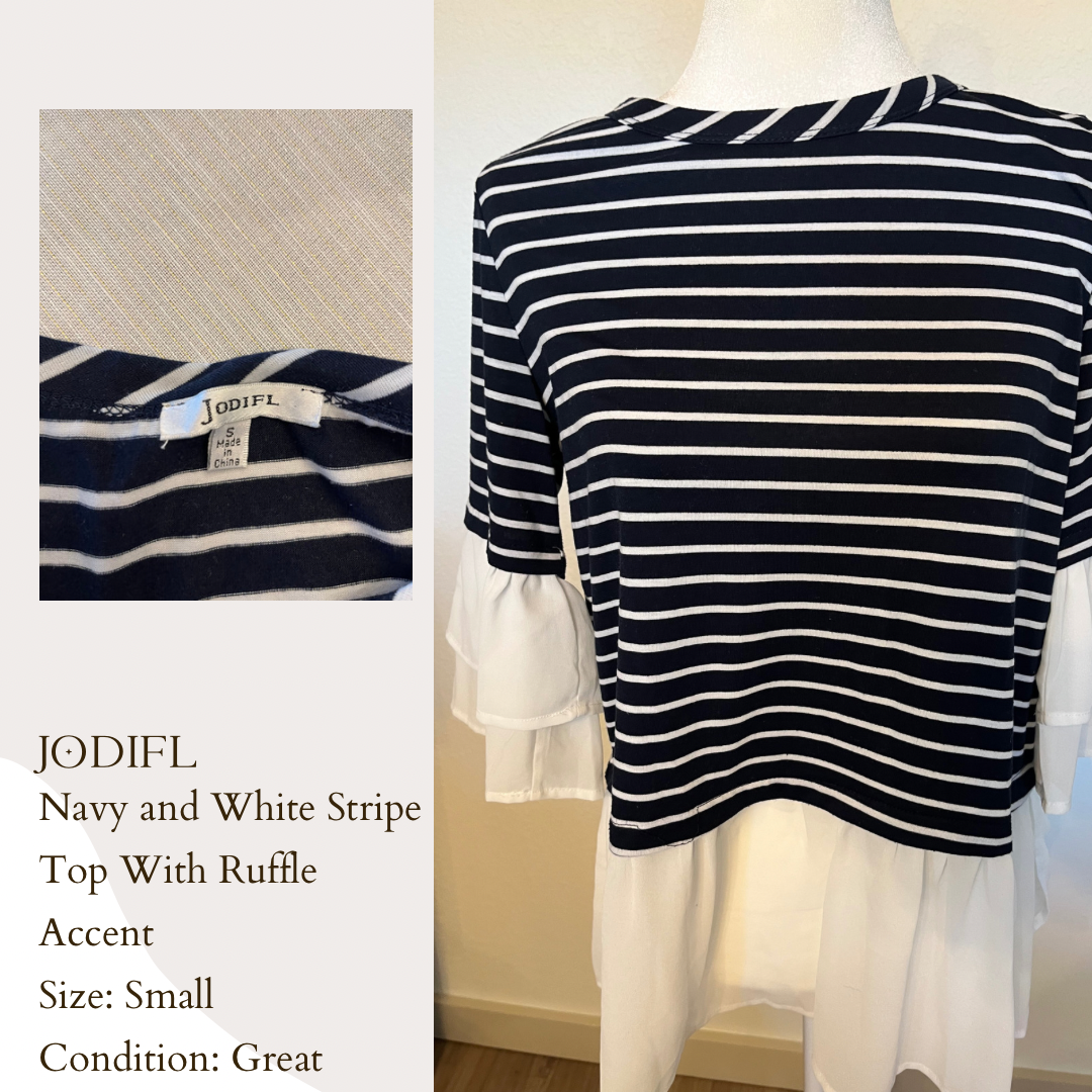 Jodifl Navy and White Stripe Top With Ruffle Accent