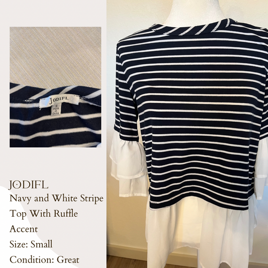 Jodifl Navy and White Stripe Top With Ruffle Accent