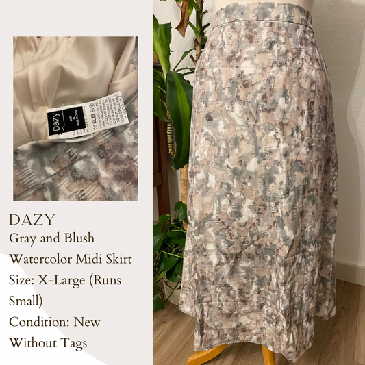 Dazy Gray and Blush Watercolor Midi Skirt