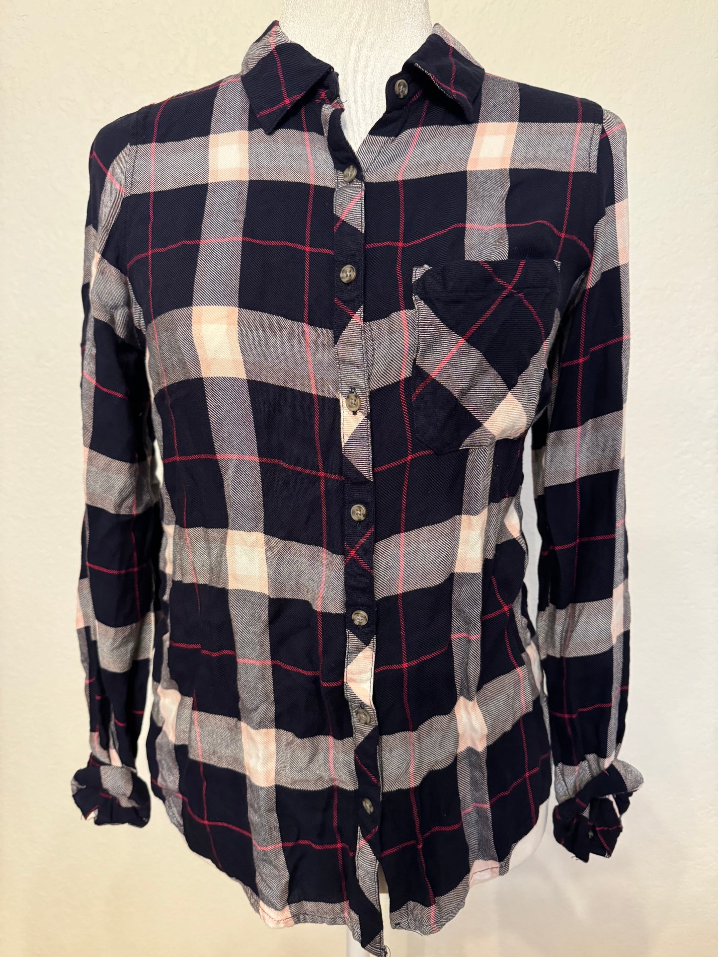 Maurices Navy Plaid Button Front Top