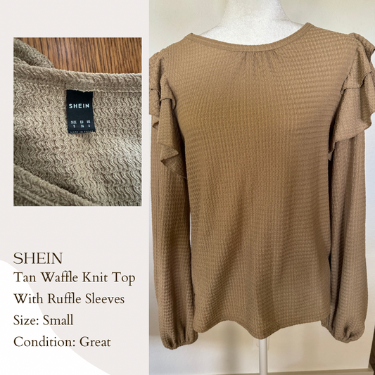 Shein Tan Waffle Knit Top With Ruffle Sleeves