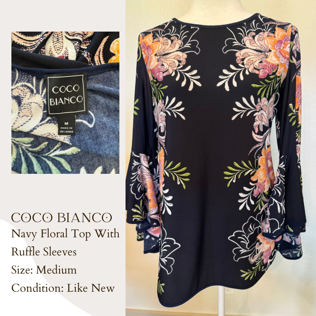 Coco Bianco Navy Floral Top With Ruffle Sleeves