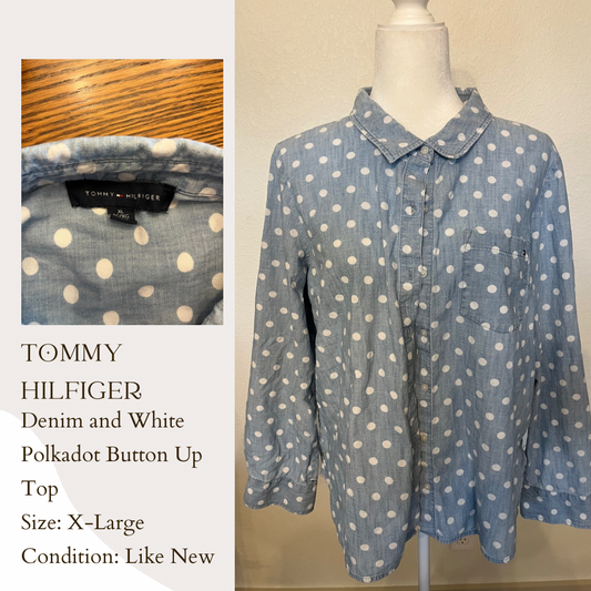 Tommy Hilfiger Denim and White Polkadot Button Up Top