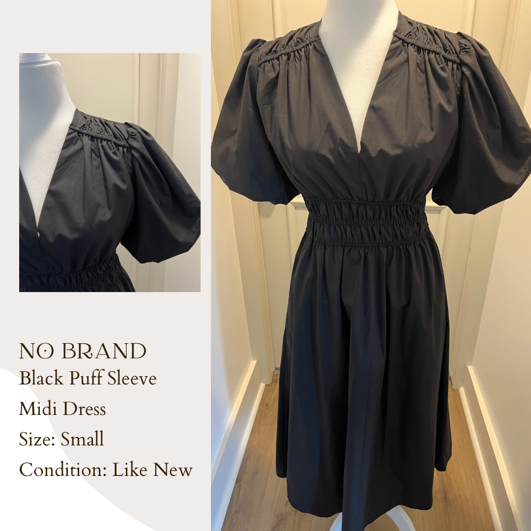 No Brand Black Puff Sleeve Midi Dress