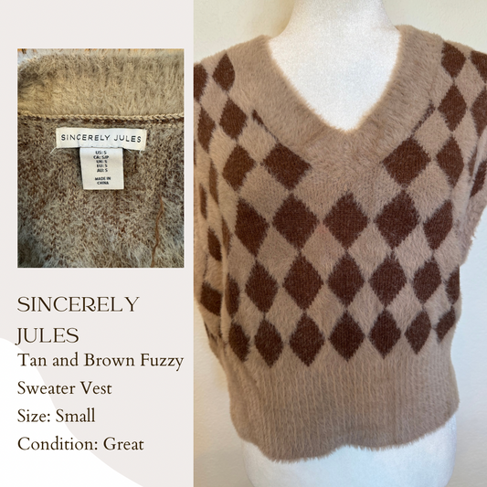 Sincerely Jules Tan and Brown Fuzzy Sweater Vest